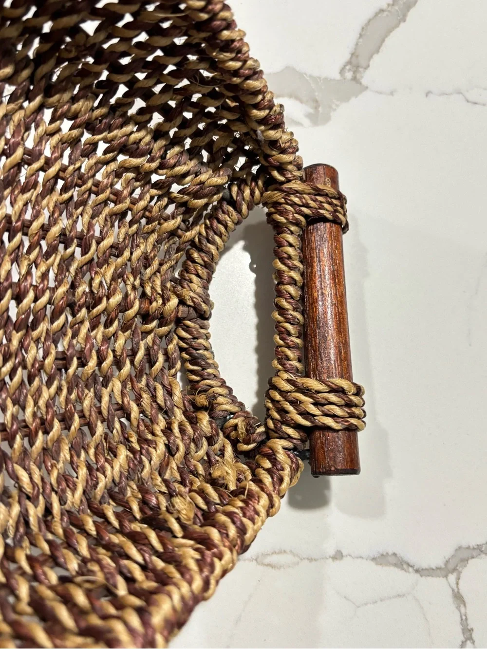 Handwoven Brown Seagrass Tray Basket Wooden Handles Home Decor Braided Wicker